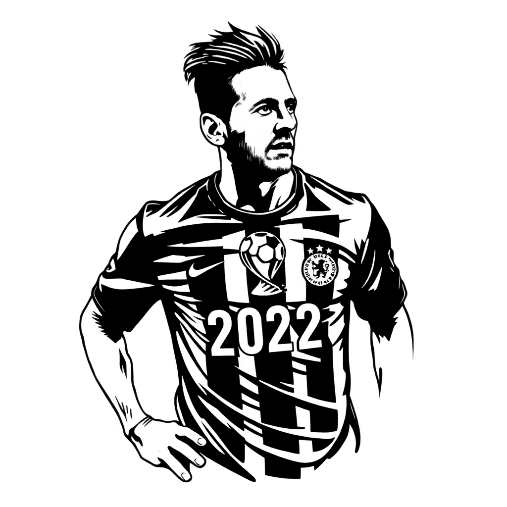 Jugador De Futbol Lionel Messi, Alzando La Copa Mundial De Futbol De La Fifa 2022, Pero En Un Formato De Lineas, Como Silueta
