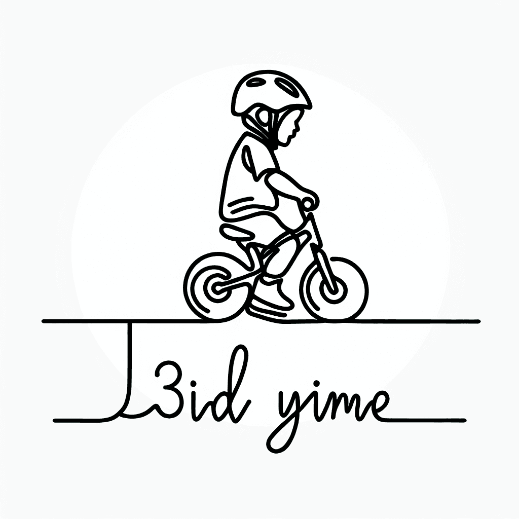 Single line "3 year old son wearing a helmet and riding a balance bike with a linear tattoo and name box" Tattoo Design