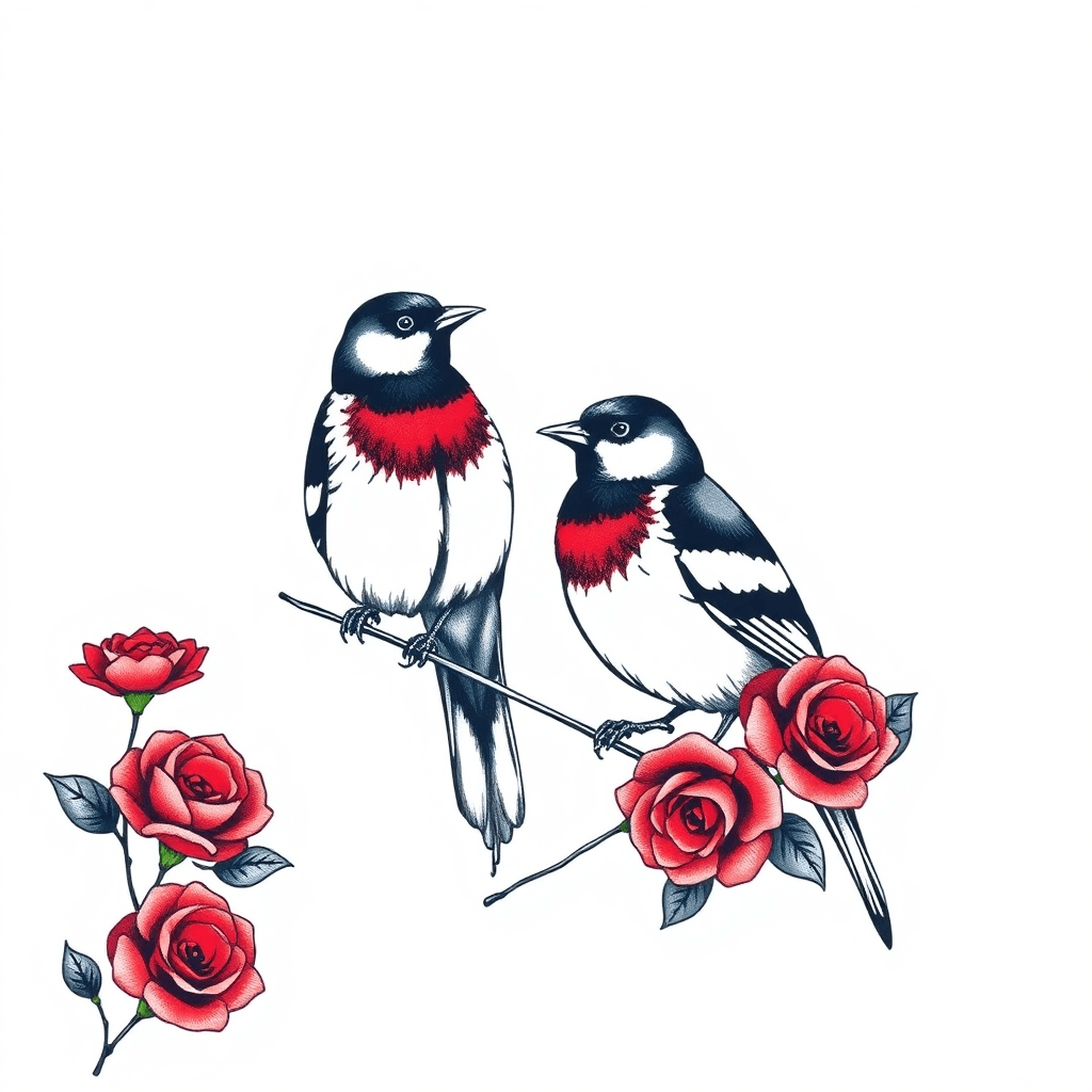 Two Eurasian Magpies With Red Roses