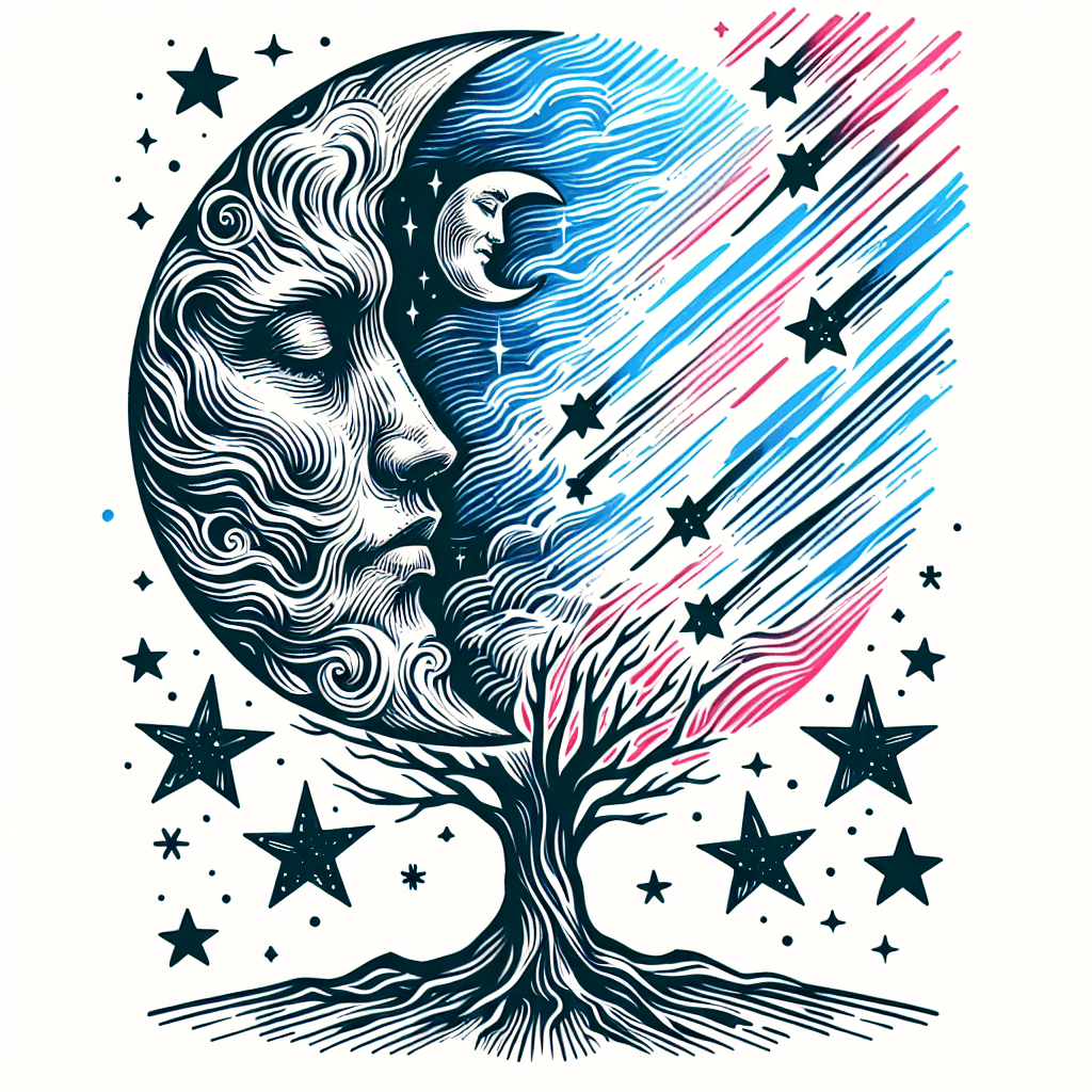 Large Tree Of Life As The Background, A Half Moon Merged With A Man’s Nose, Eyes, Mouth Into The Moon Above The Tree,only Three Identical Shooting Stars,two Smaller,all Streaking Lines Left To Right