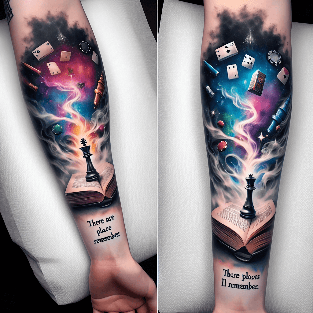 A Book Titled “hiraeth” Opened With Poker Chips And Chess Pieces Magically Flying Upwards With Smoke And A Fog Background And With The Words “there Are Places I’ll Remember” On Forearm