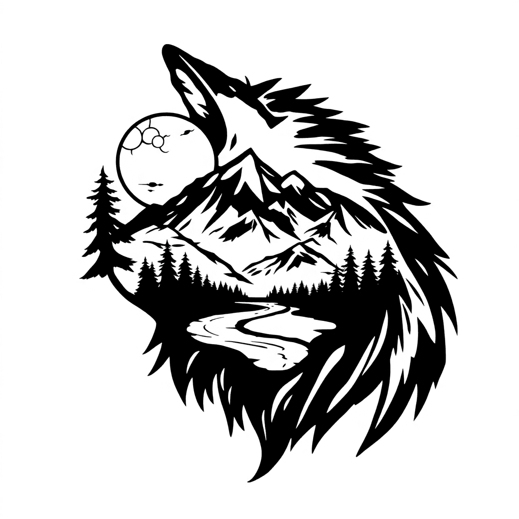 Black-and-white Wolf Silhouette With A Nature Scene Inside, Including A River, Forest, Mountains, And A Full Moon, In A Bold Illustrative Style.