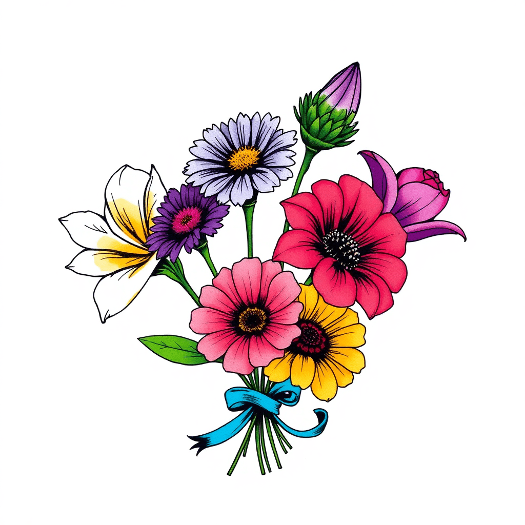 A Bunch Of Flowers. One Narcissus, One Aster, One Violet, One Marigold, And One Gladiolus. All Connected At The Stem With A Blue Ribbon.