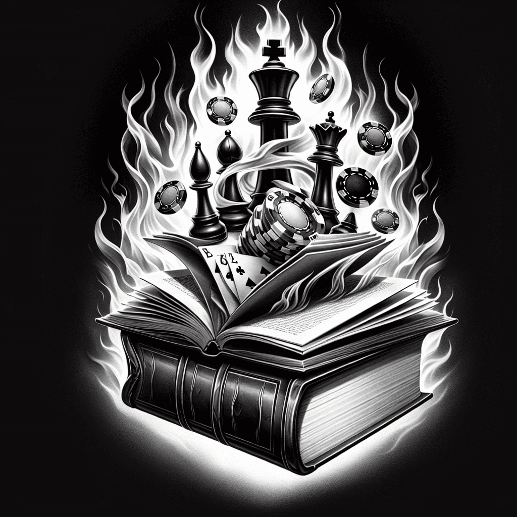An Open Book With Poker Chips And Chess Pieces Coming To Life From Its Pages With Smoke And Fire