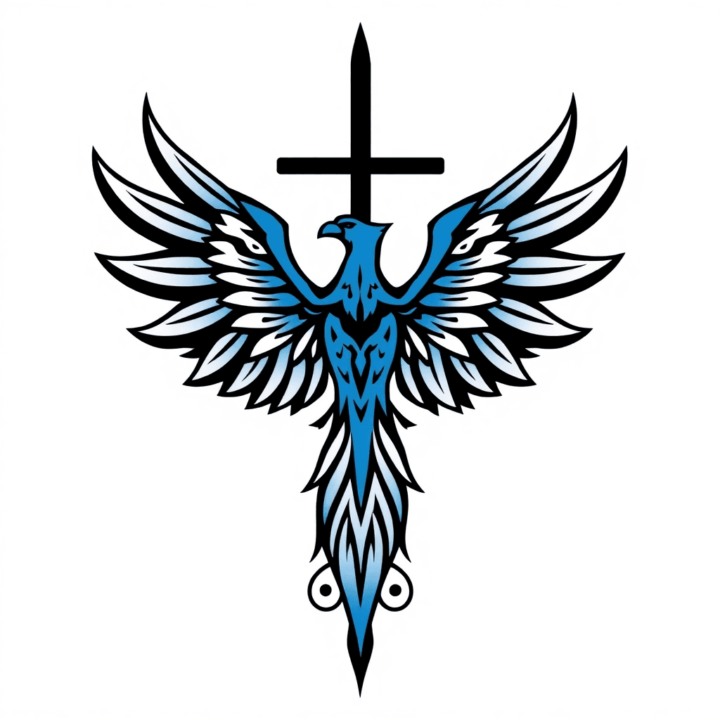 A Blue Phoenix Superimposed On A Minimalist Cross. Have Hints Of Celtic Designs On The Phoenix
