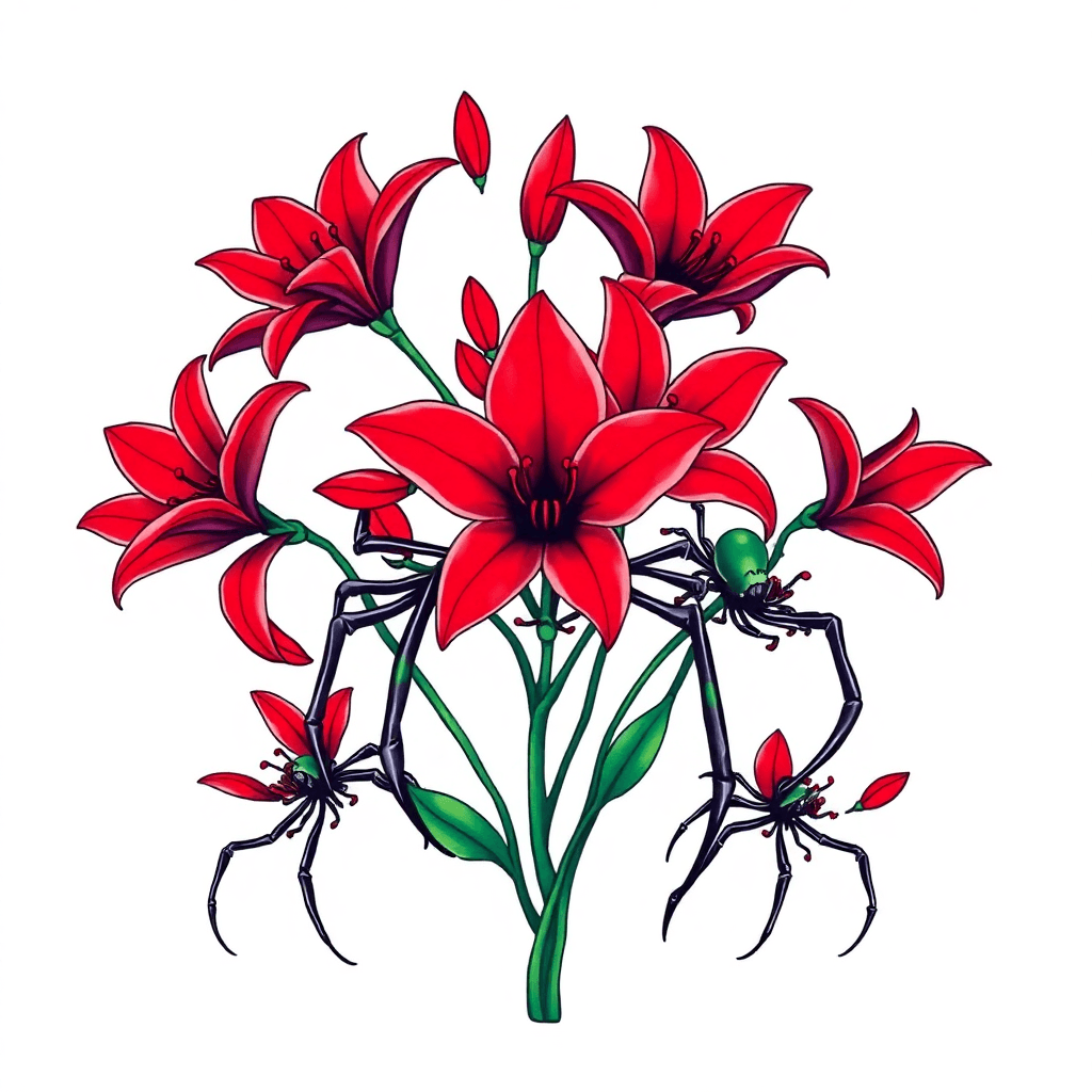 A Bunch Of Red Lily Spiders For The Back