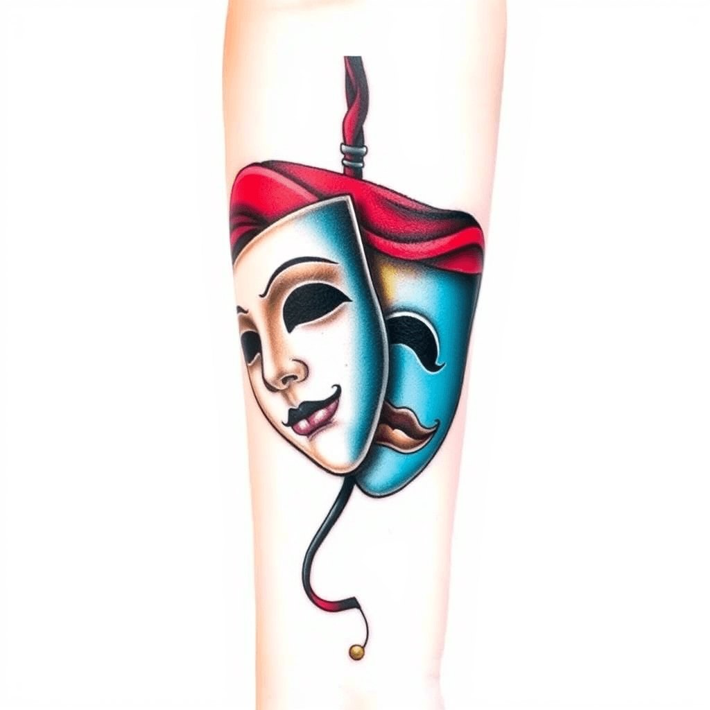 Back Of Forearm Tattoo Of A Theater Mask
