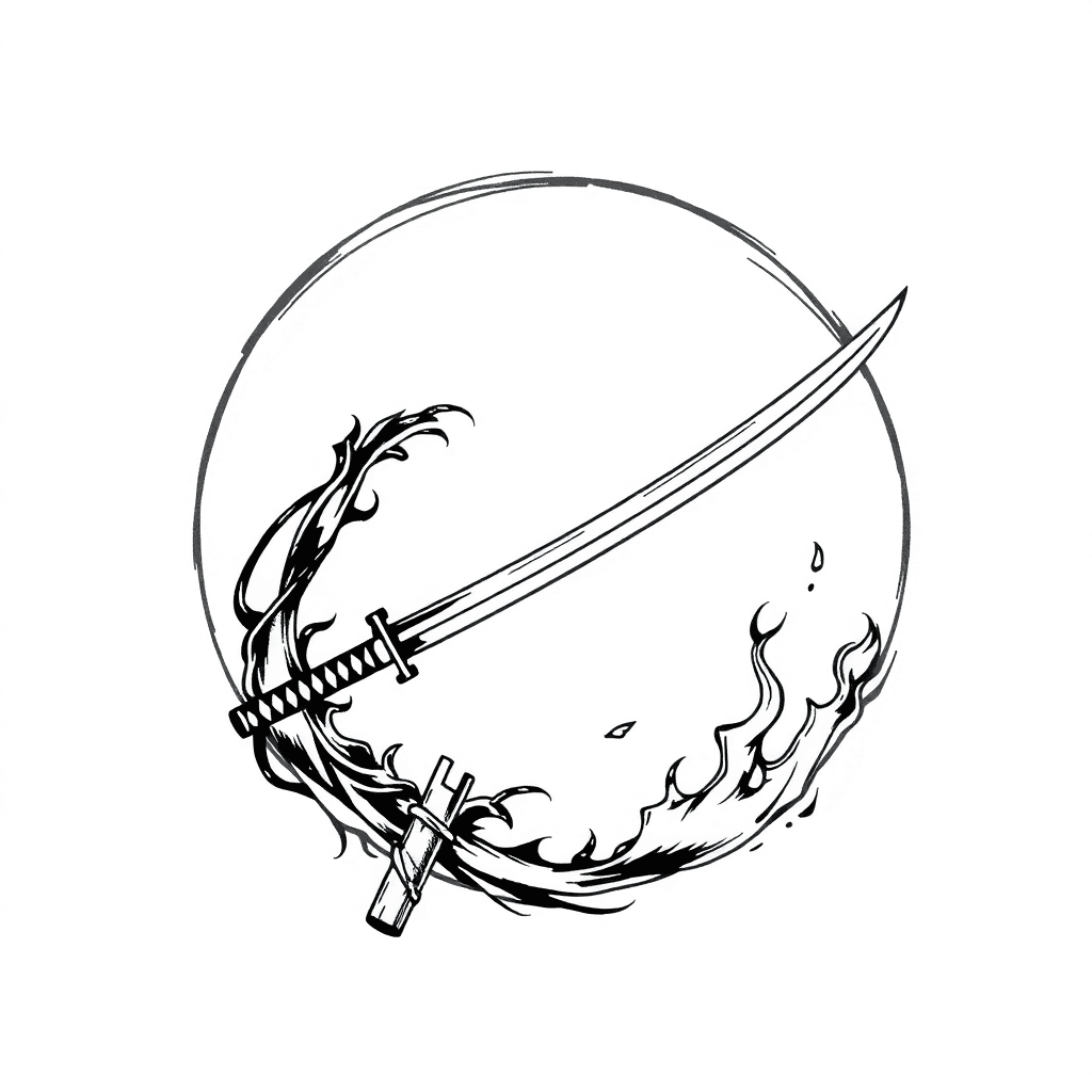 There Is A Katana And It Is Placed In An Enzo With Fire Alongside