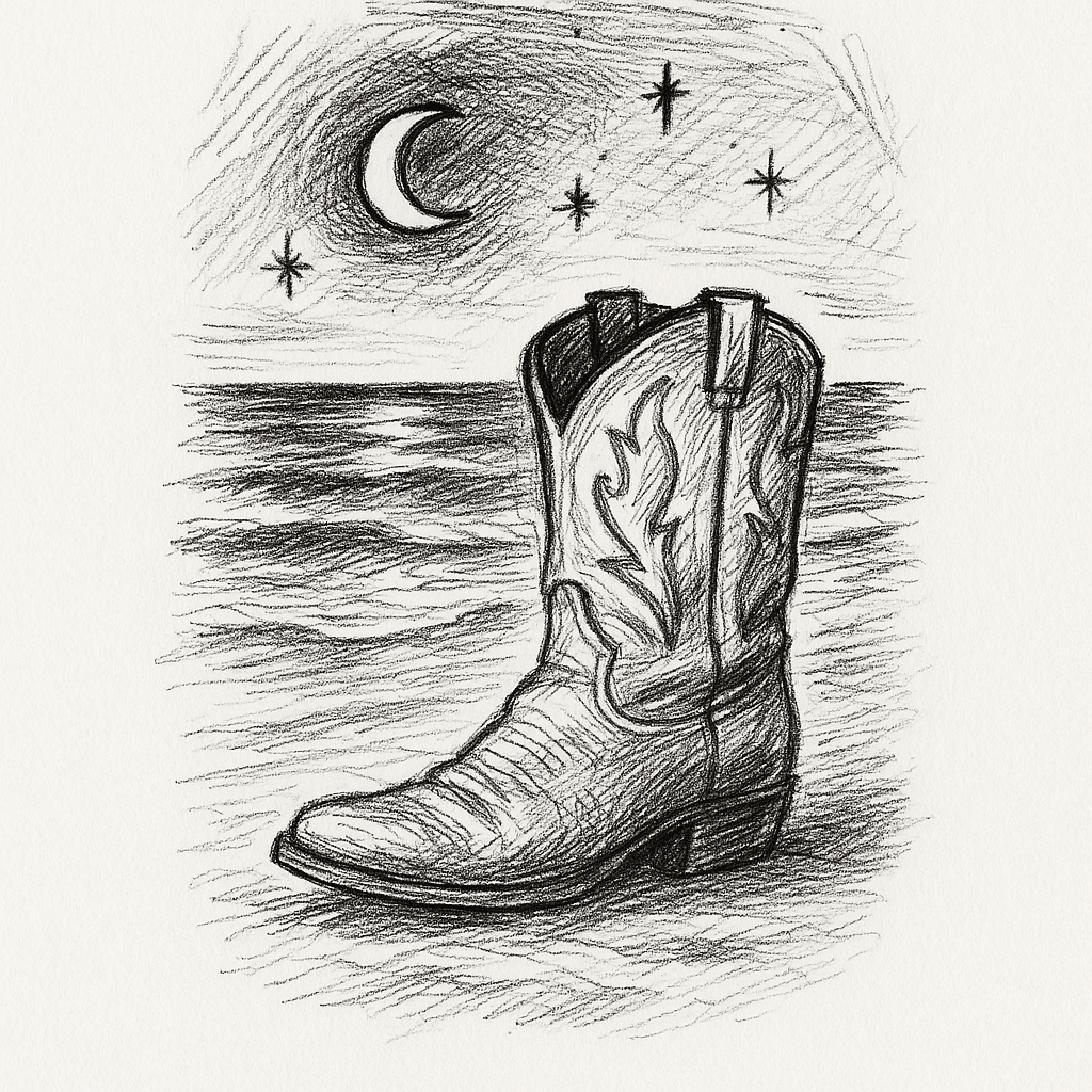 A Fine Line Cowboy Boots On A Beach Under A Night Sky
