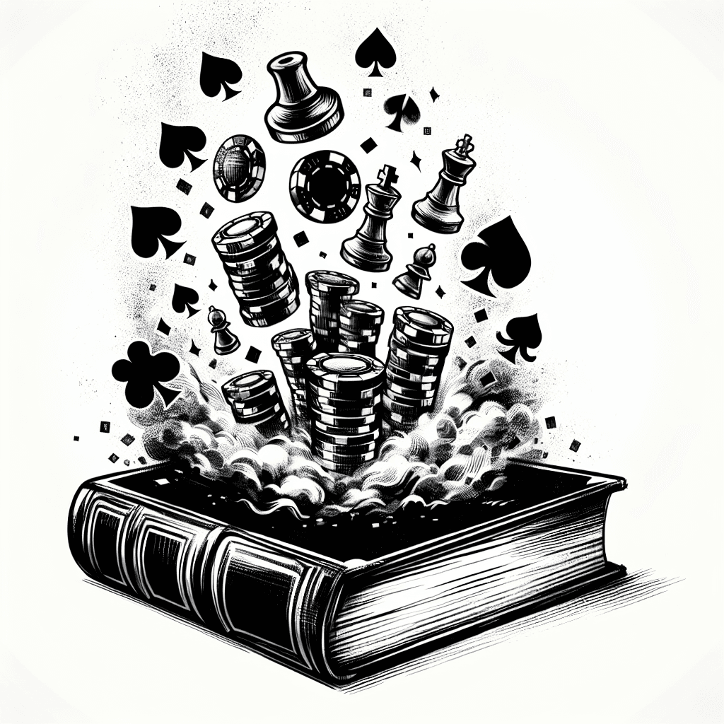 Poker Chips And Chess Pieces Starting Small And Gradually Growing Bigger Floating Out Of An Old Book With Fog All Around