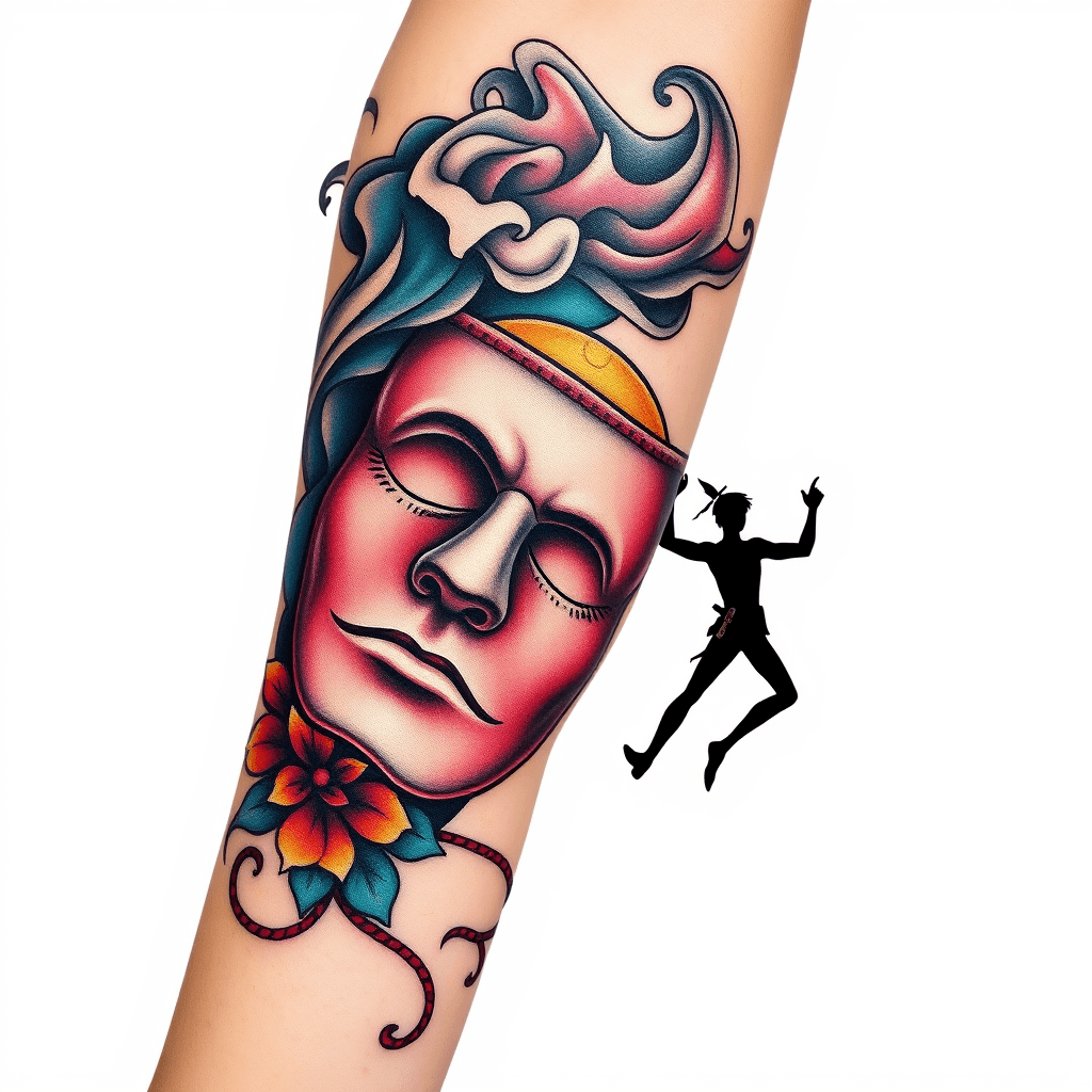 Back Of Forearm Tattoo Of Smoke Turning Into Theater Mask With A Full Moon And Peter Pan