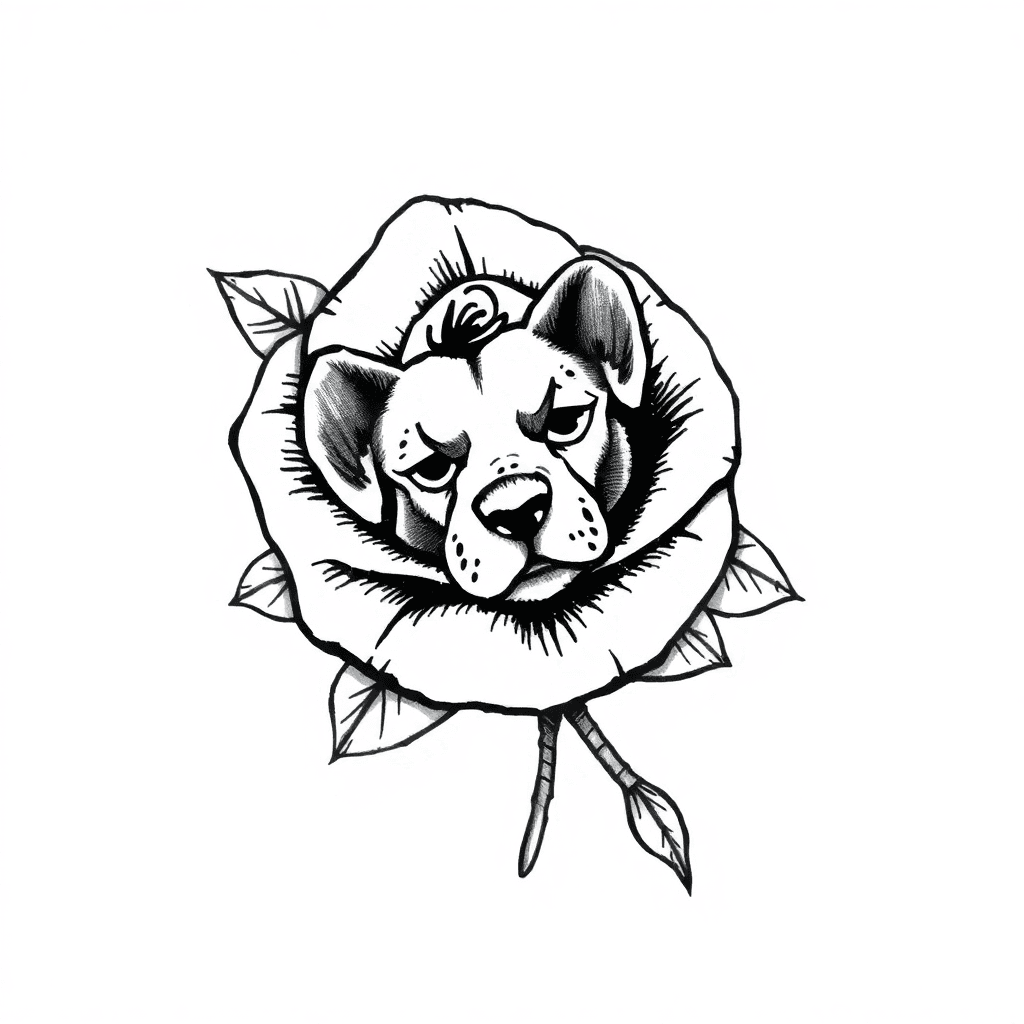 Please Create A Chicano-style Inner Forearm Tattoo Design Featuring A Rose With Its Petals Made Of Dollar Bills. Replace The Existing Dollar Motif With A Dog Design.