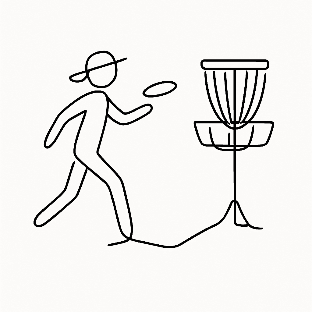 A Stick Figure With A Hat On Backwards Playing Disc Golf. Throwing At A Stick Figure Style Discgolf Basket That Is Banged Up Disc About To Go In The Disc Golf Basket