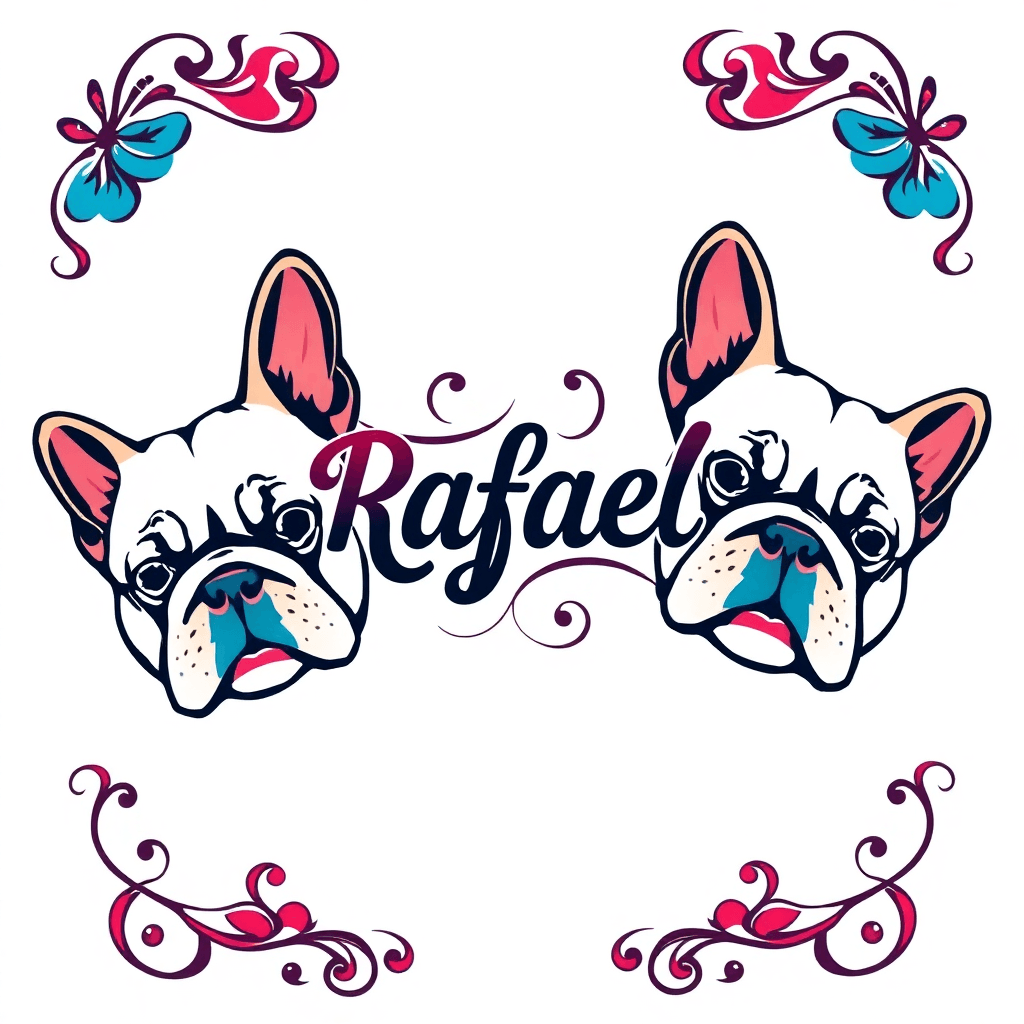 Traditional "Please design me a tramp stamp with the name rafael in the middle, please make it girly and swirly and put two cute english bulldogs on the sides" Tattoo Design