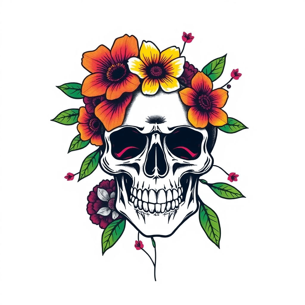 A Skull With Colourful Flowers