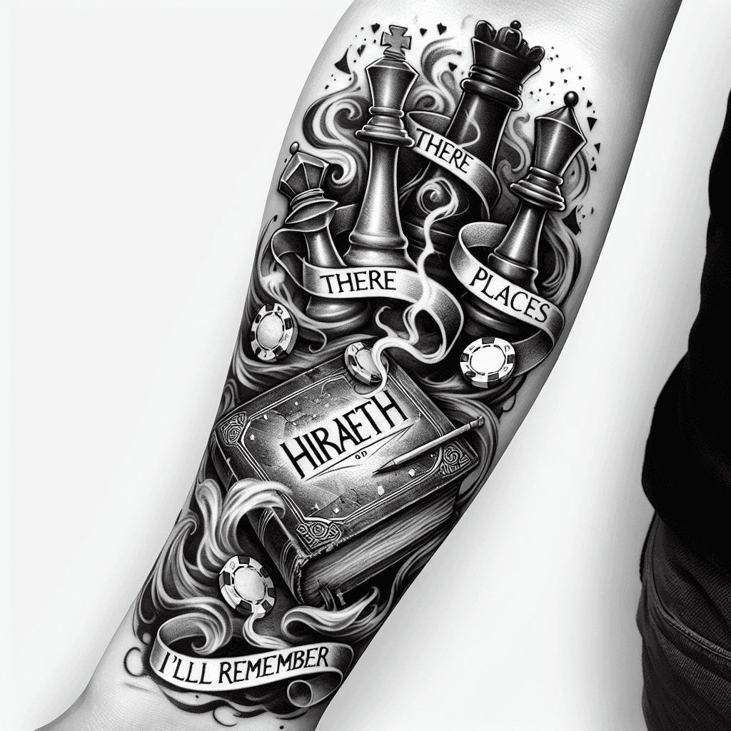Forearm Tattoo Of Poker Chips And Chess Pieces Mystically Spiraling Up And Out Of A Tattered Old Book Titled Hiraeth With Smoke And The Words “there Are Places I’ll Remember “