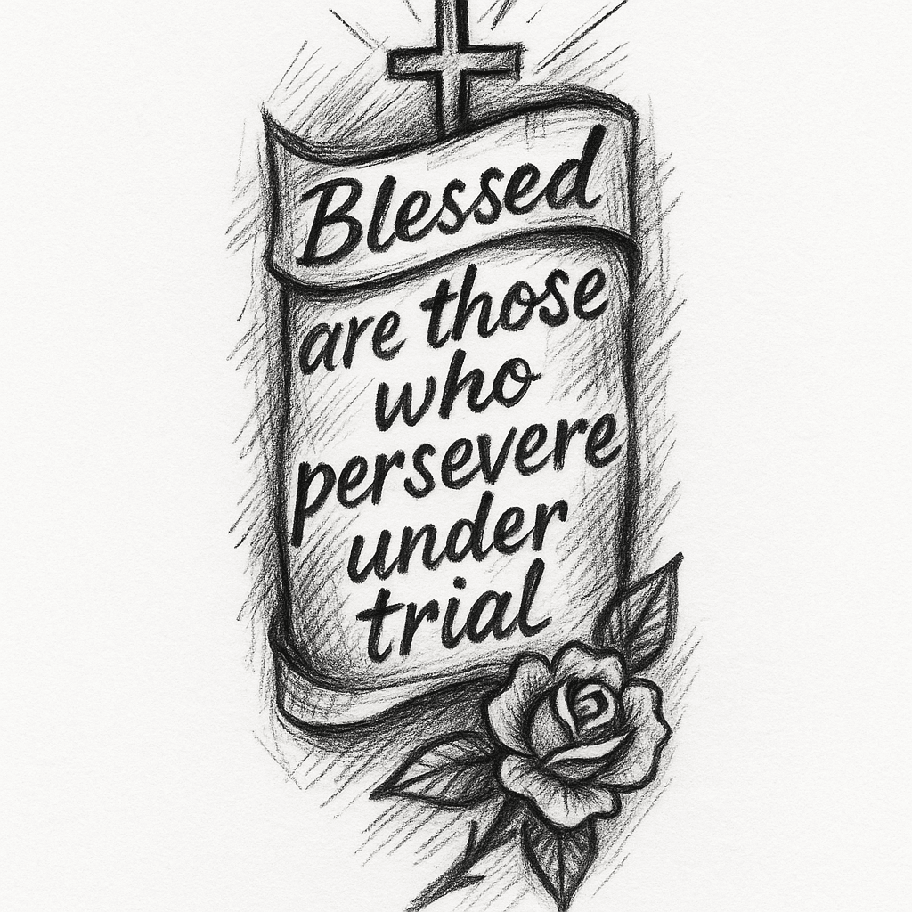The Verse” Blesses Are Those Who Persevere Under Trial” On The Forearm With Shading And A Couple Designs Around It