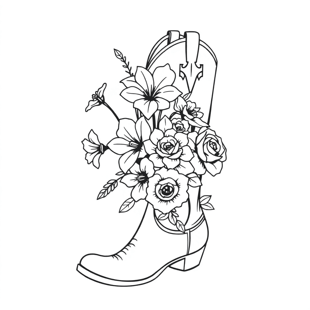 Cowboy Boot With Bouquet Of 2 Morning Glories, 2 Daffodils, 1 Chrysanthemum, And 1 Yellow Rose