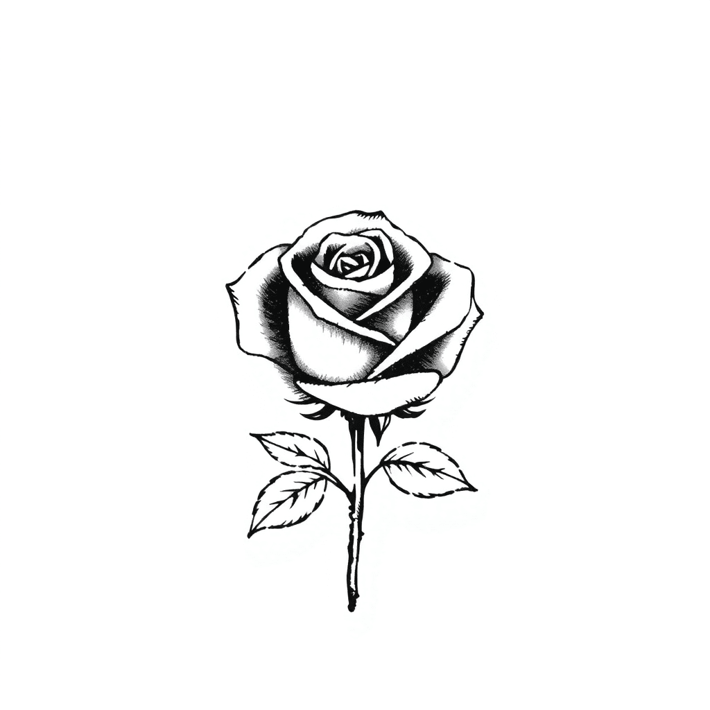 "crie Um Decalque De Uma Rosa Pequena Em Estilo Preto E Branco, Com Detalhes Delicados. A Rosa Deve Ter Pétalas Sombreadas De Maneira Suave E Folhas Estilizadas, Mantendo Um Design Elegante E Minimali