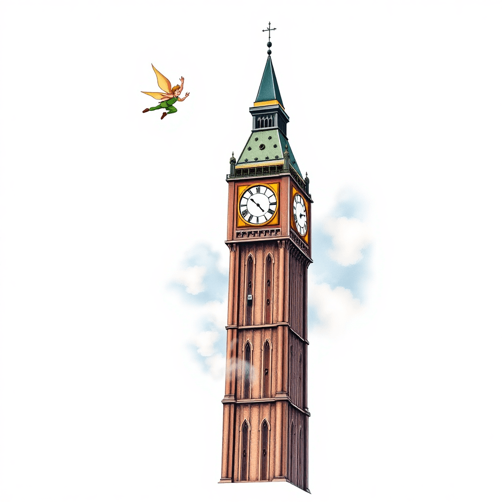 Clock Tower With Peter Pan Flying Surrounded By Clouds And Fog