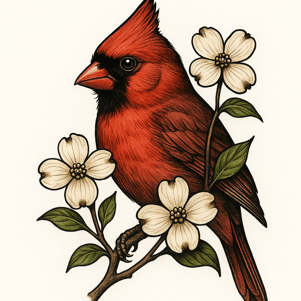 Cardinal Head Facing Right With Dogwood Branch Curved Tattoo Design With Color