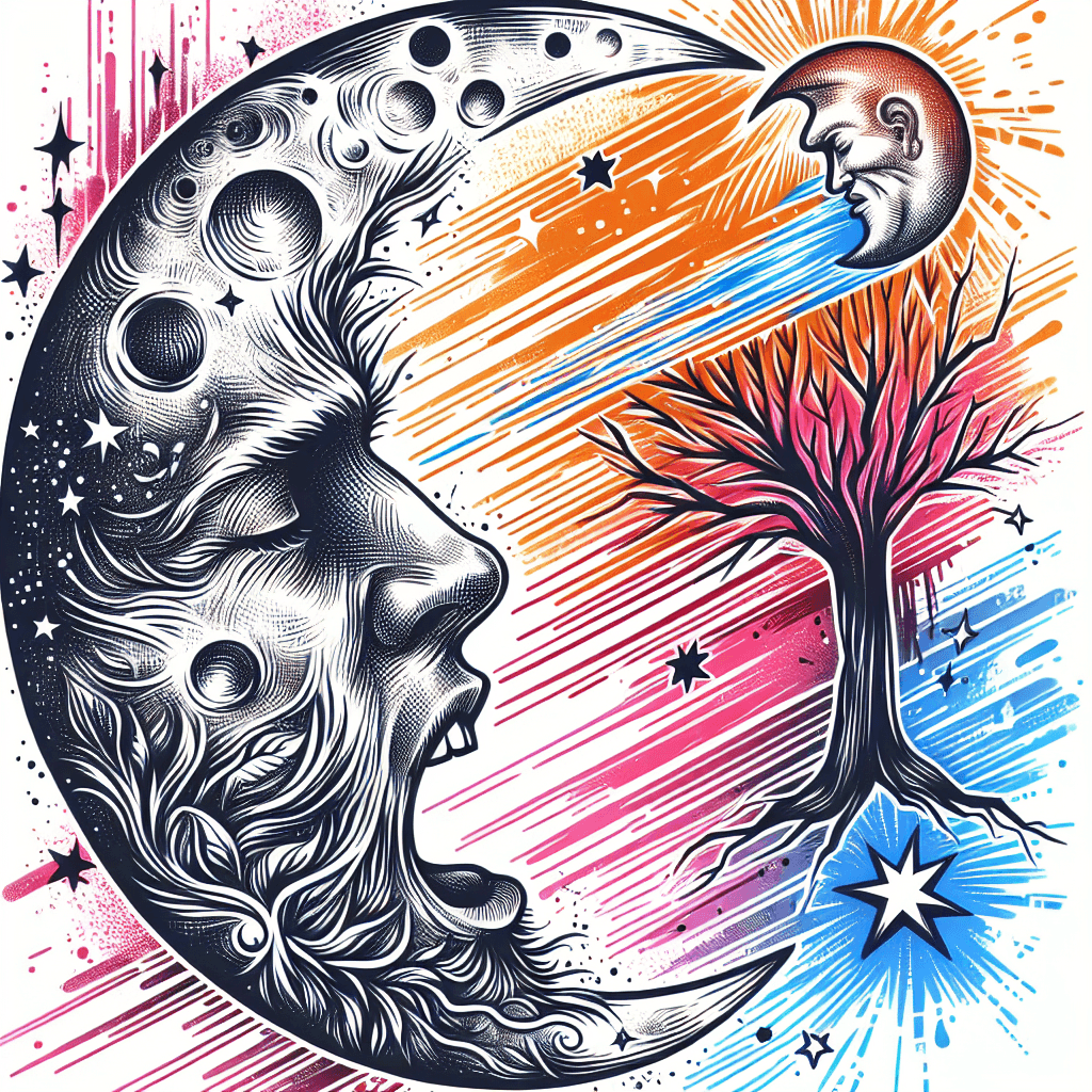Large Tree Of Life Background, A Half Moon Merged With A Man’s Nose, Eyes, Mouth Into The Moon, Incorporate A Large Shooting Star With Two Smaller Stars With Streaking Lines Left To Right