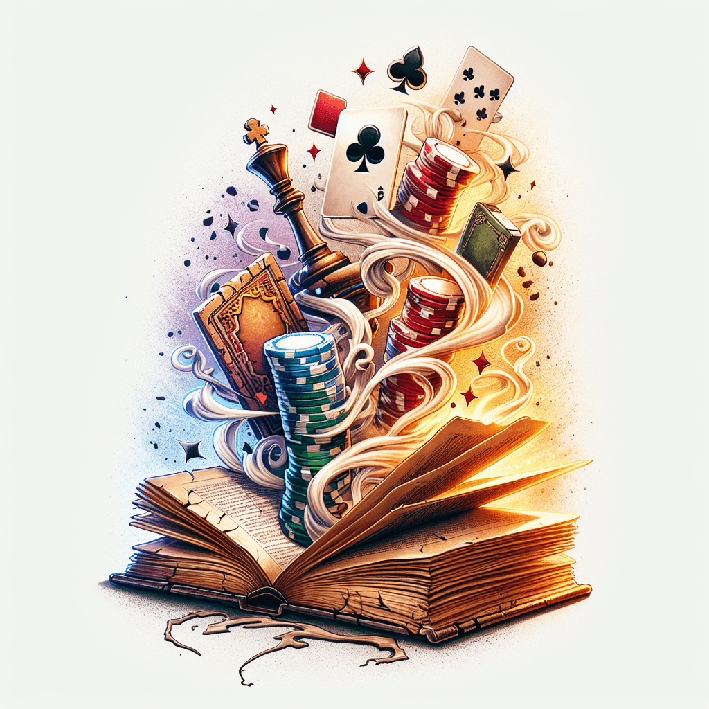 A Tattered Book Opened With Poker Chips And Chess Pieces Magically Rising Up Out Of It With Smoke, Swirling And Intertwining
