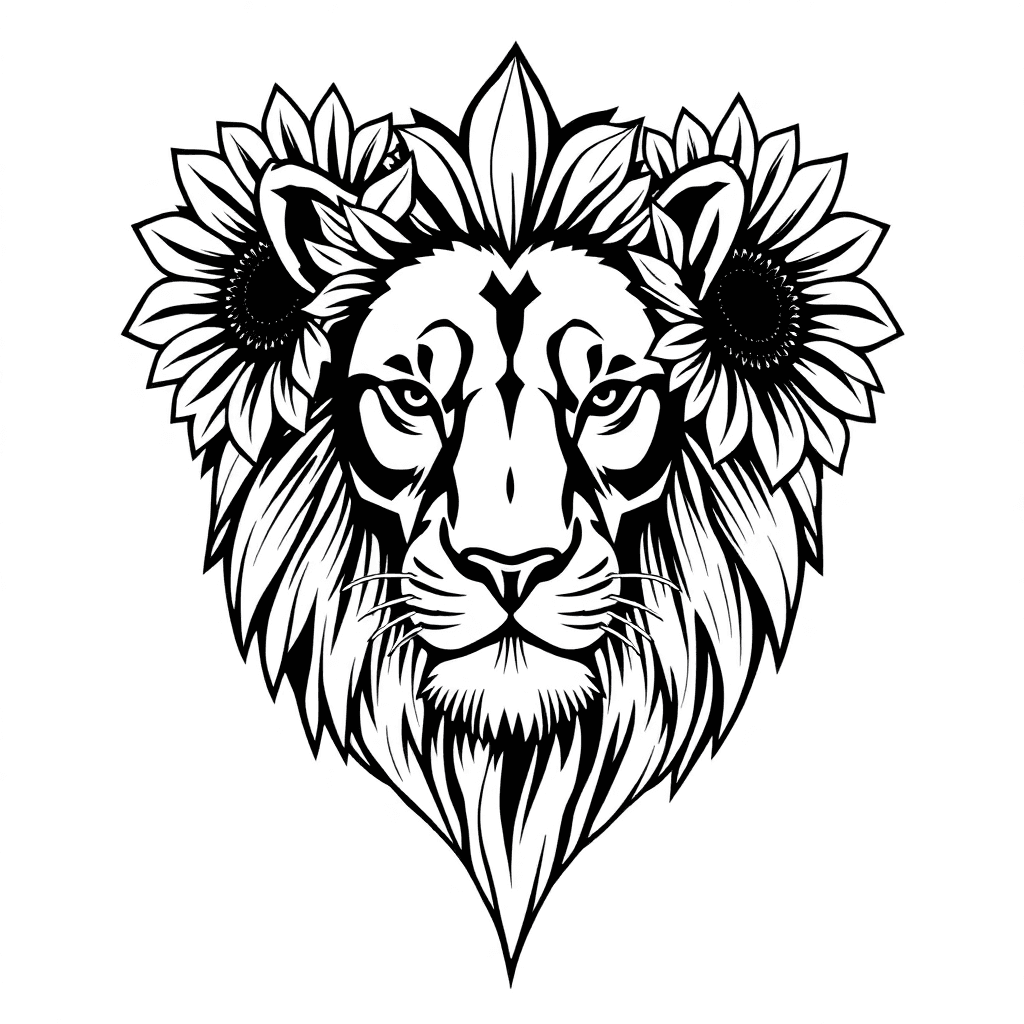 Lion Head With Sunflowers As The Mane