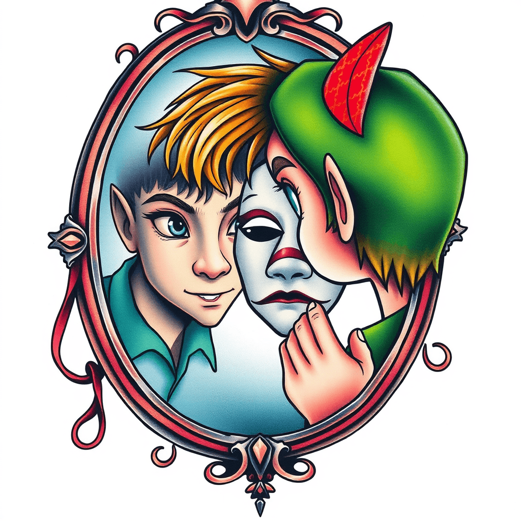 Peter Pan Looking In A Mirror And The Reflection Is A Theater Mask