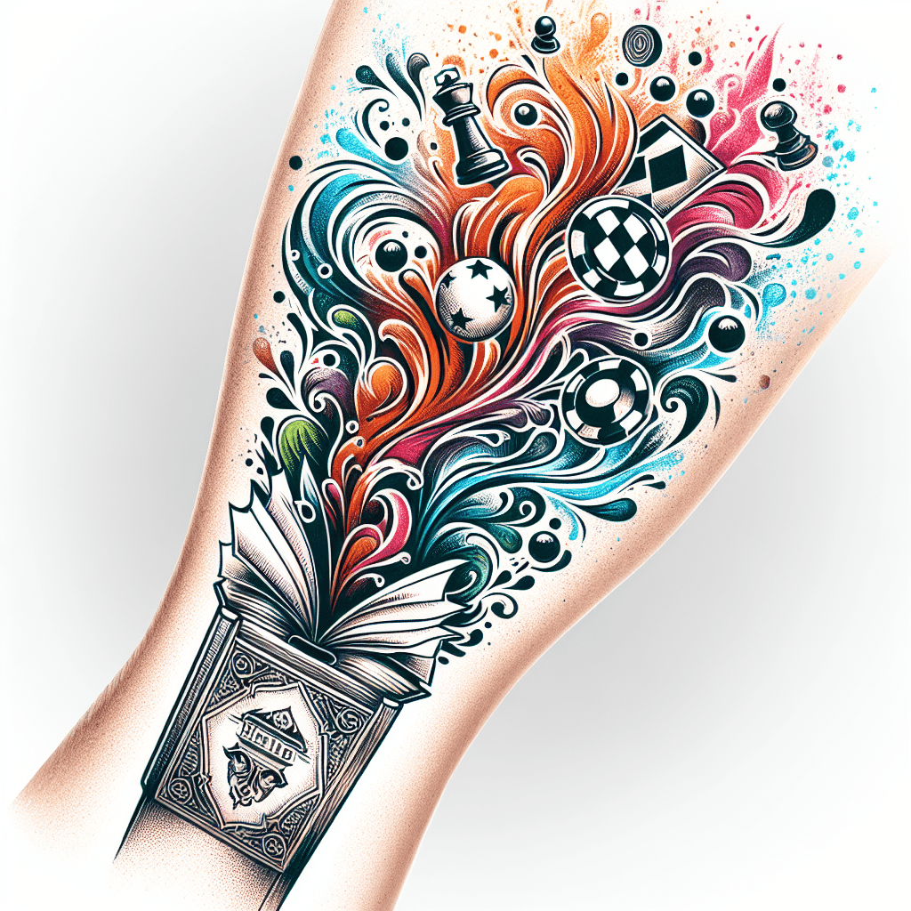 Framed Forearm Tattoo Of An Open Book Titled “hiraeth” With Poker Chips And Chess Pieces Shooting Out With Smoke And Mist