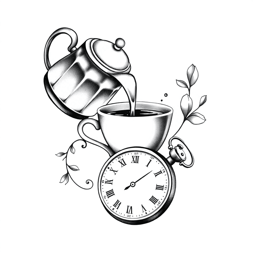 Tea Pot Pouring Into A Tea Cup. And A Stop Watch Below It With Roman Numerals