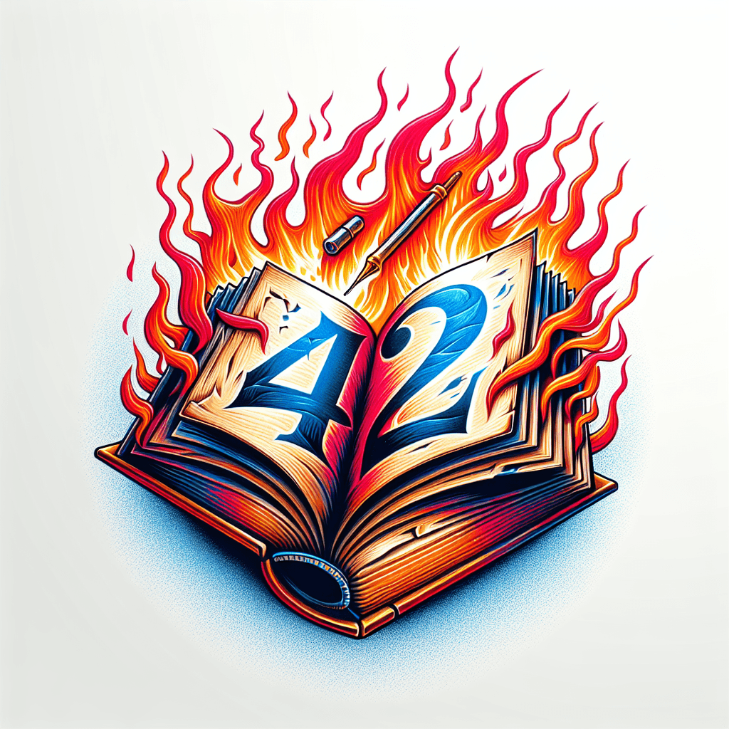 An Open Antique Book With “42” Burned Into The Page And Flames Coming Out