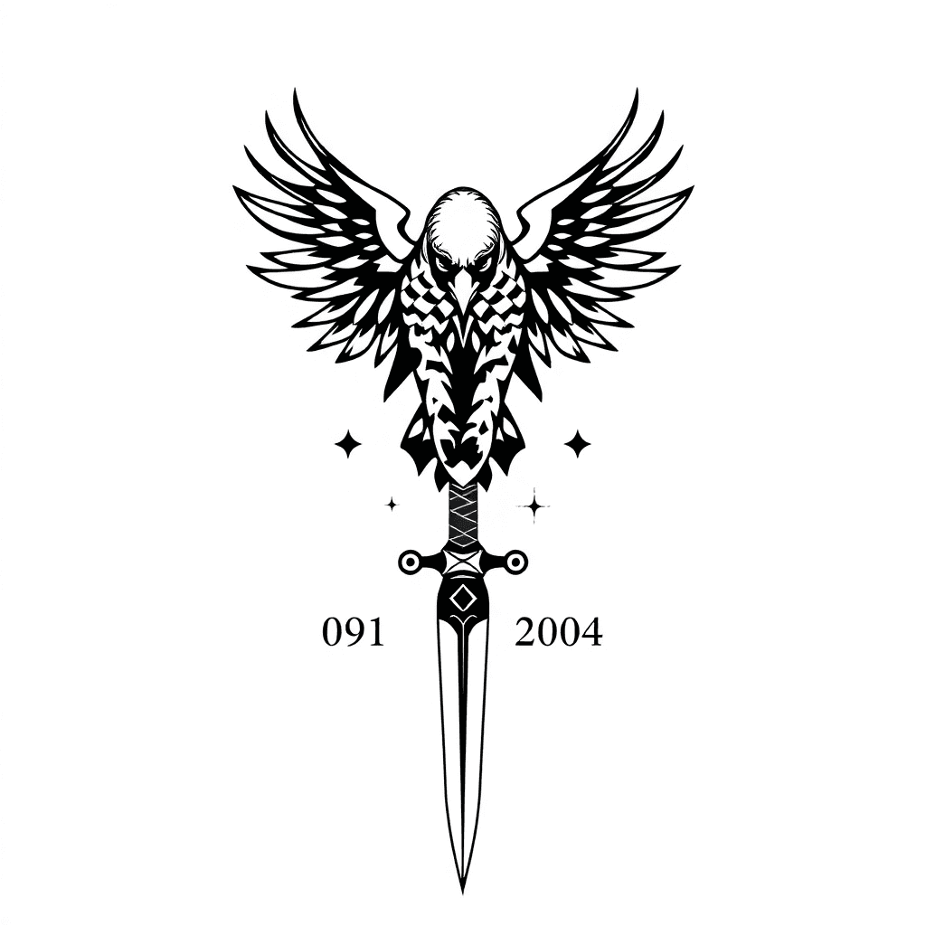 A Vertical Tattoo With A Hawk As The Main Element, A Dagger At The Bottom And 09/07/2004 In Roman Numericals. Keep The Style Detailed But Not Too Cluttered