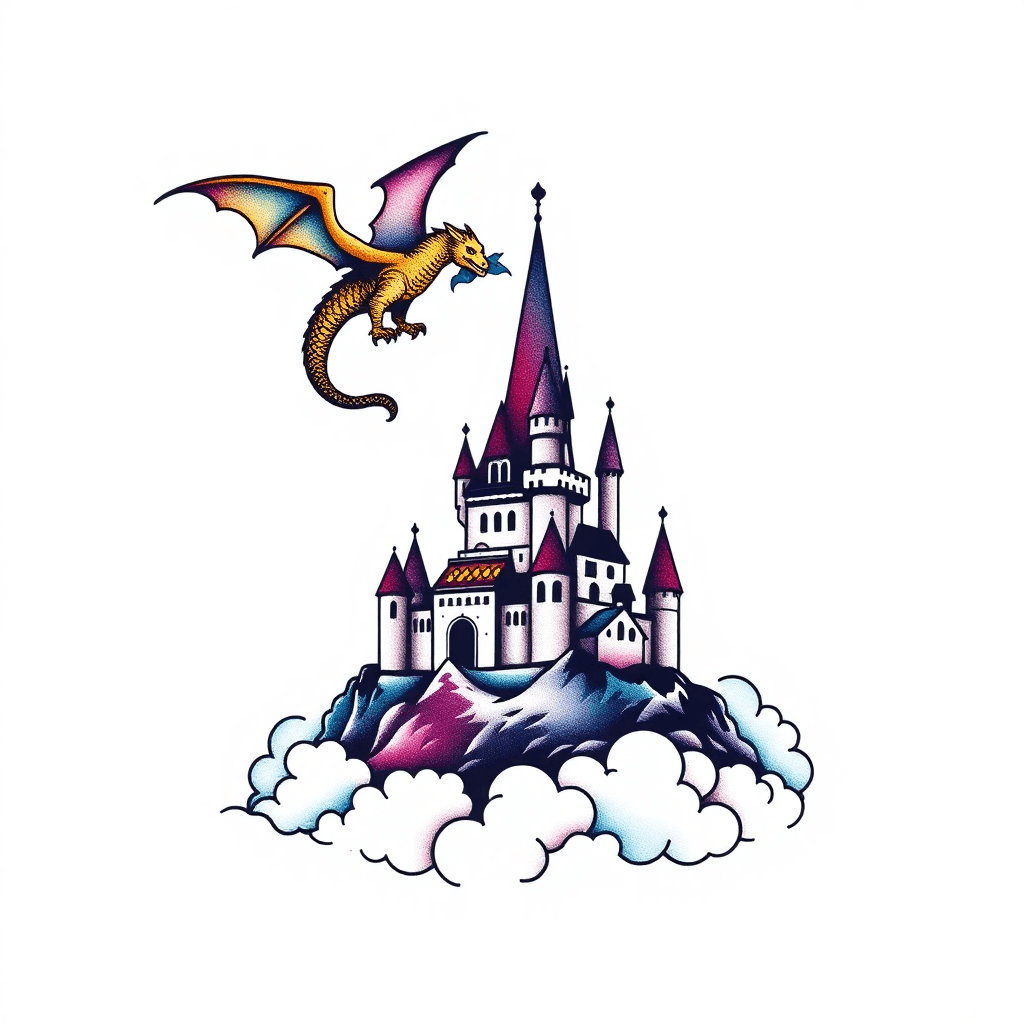 A Tall Castle Sitting On Clouds With A Dragon Flying Over It