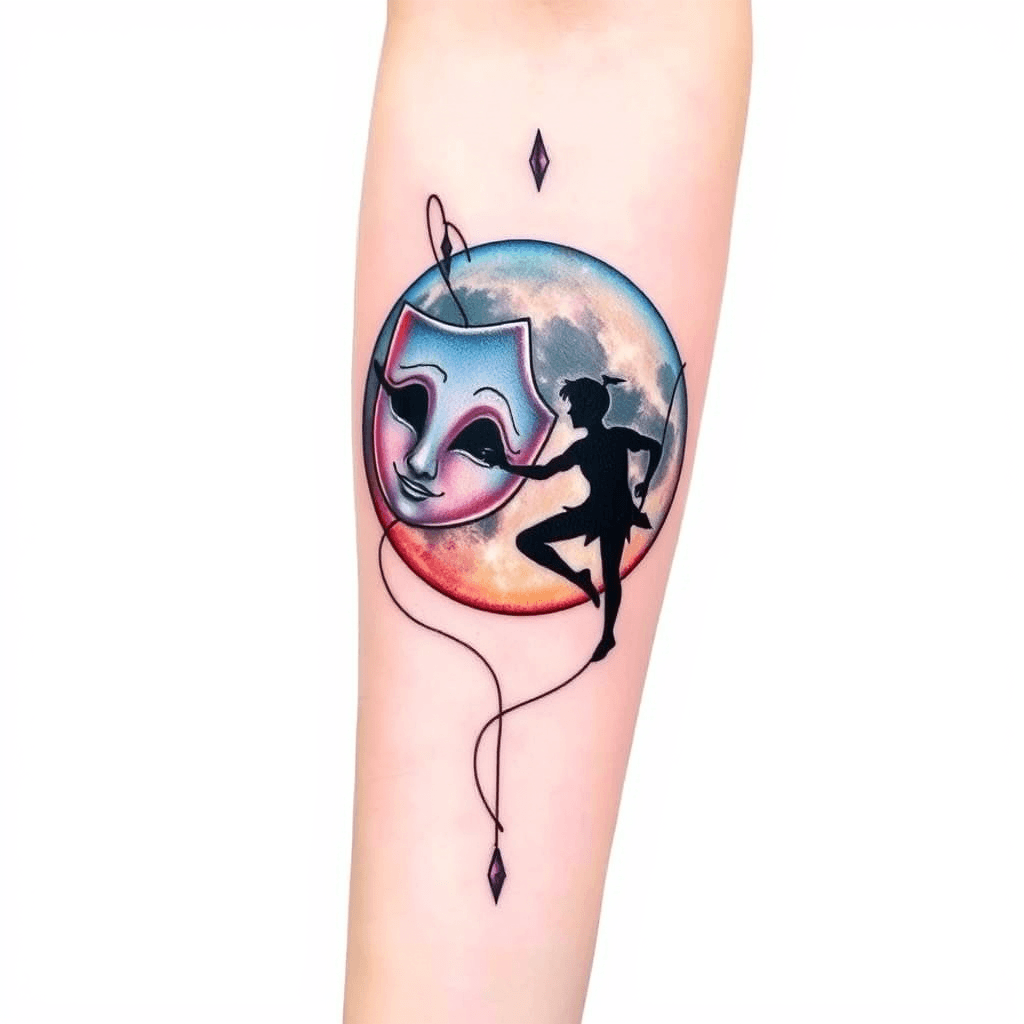 Forearm Tattoo Of A Moon With A Theater Mask And Peter Pan Silhouette
