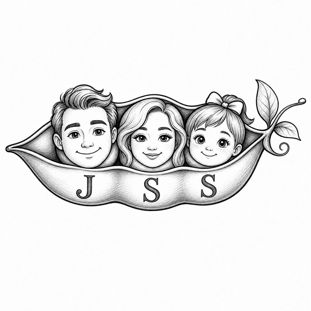 3 Peas In A Pod With Faces. A Man One A Women One And A Girl. Also A J Under The Man One An S Under The Women And An S Under The Girl