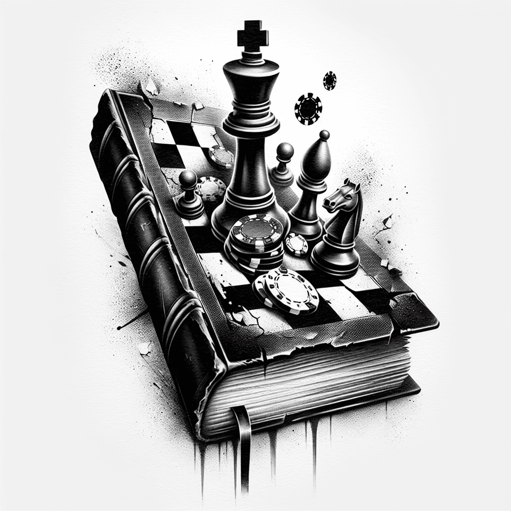 A Tattered Antique Book With Chess Pieces And Poker Chips, Magically Coming To Life From The Pages