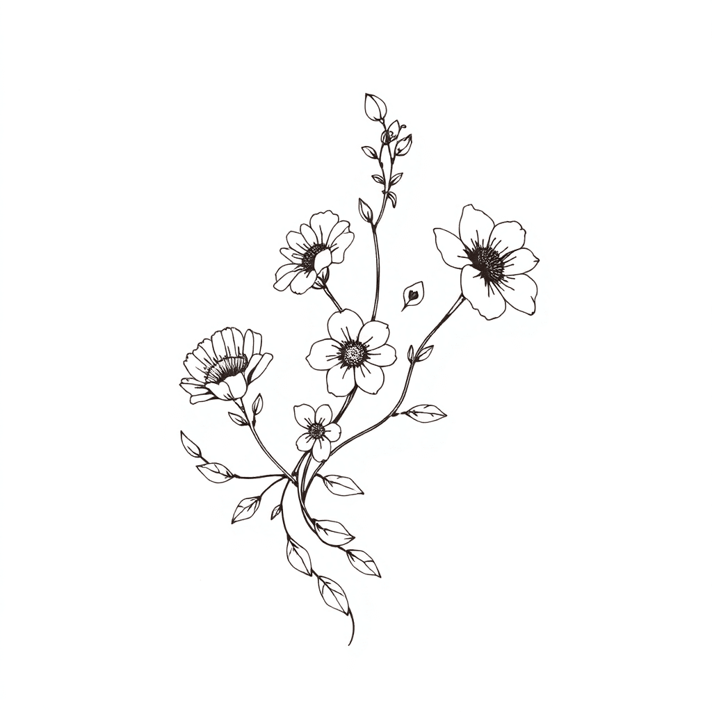 A Fine Line Black And White Vertical Tattoo Of The Birth Month Flowers For November, March, June, May And September All Connected In A Vine