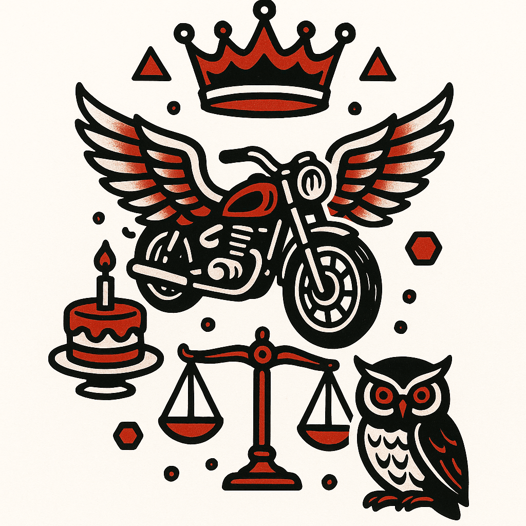 Motorbike With Wings, Crown, Cake, Scales, Owl. Lines, Triangles, Hexagons. Black And Red Colors Tattoo