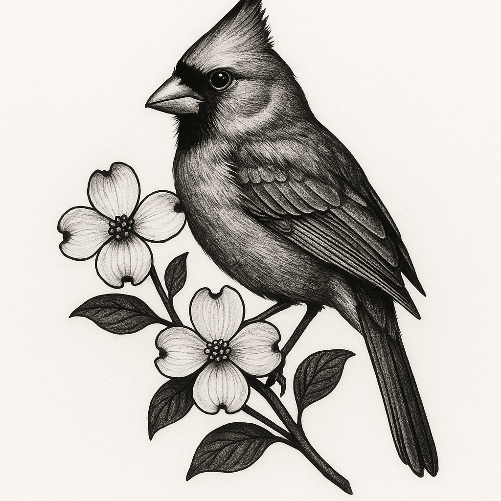 Cardinal Head Facing Right With Dogwood Branch Curved Tattoo Design