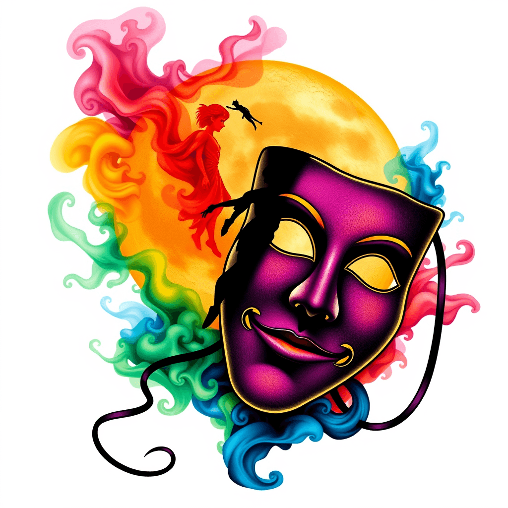 Theater Mask With A Shadow Of Peter Pan In Front Of A Half Moon With Colored Smoke