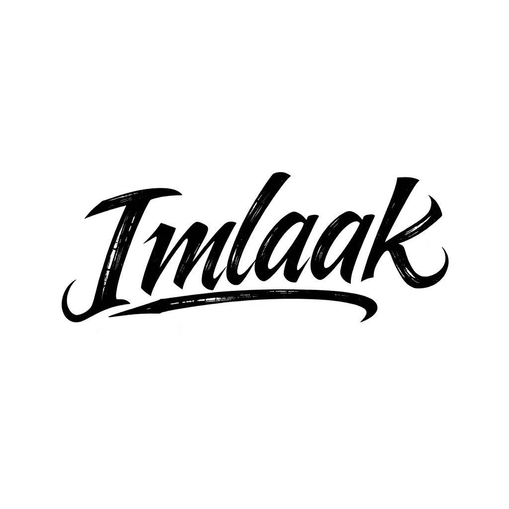 Design A Logo With The Word 'imlaak' In English Calligraphy, Using A Tattoo-inspired Font. The Calligraphy Should Have Bold, Flowing Lines With Sharp, Artistic Edges And Curves, Resembling A Tattoo De
