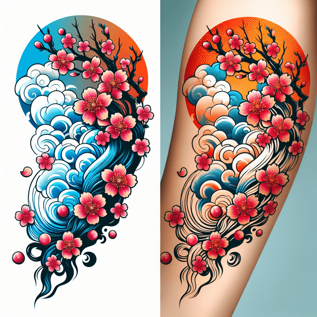 Arm Tatoo, Cherry Blossom Melted Into Clouds Japanese Style, Round Curved,