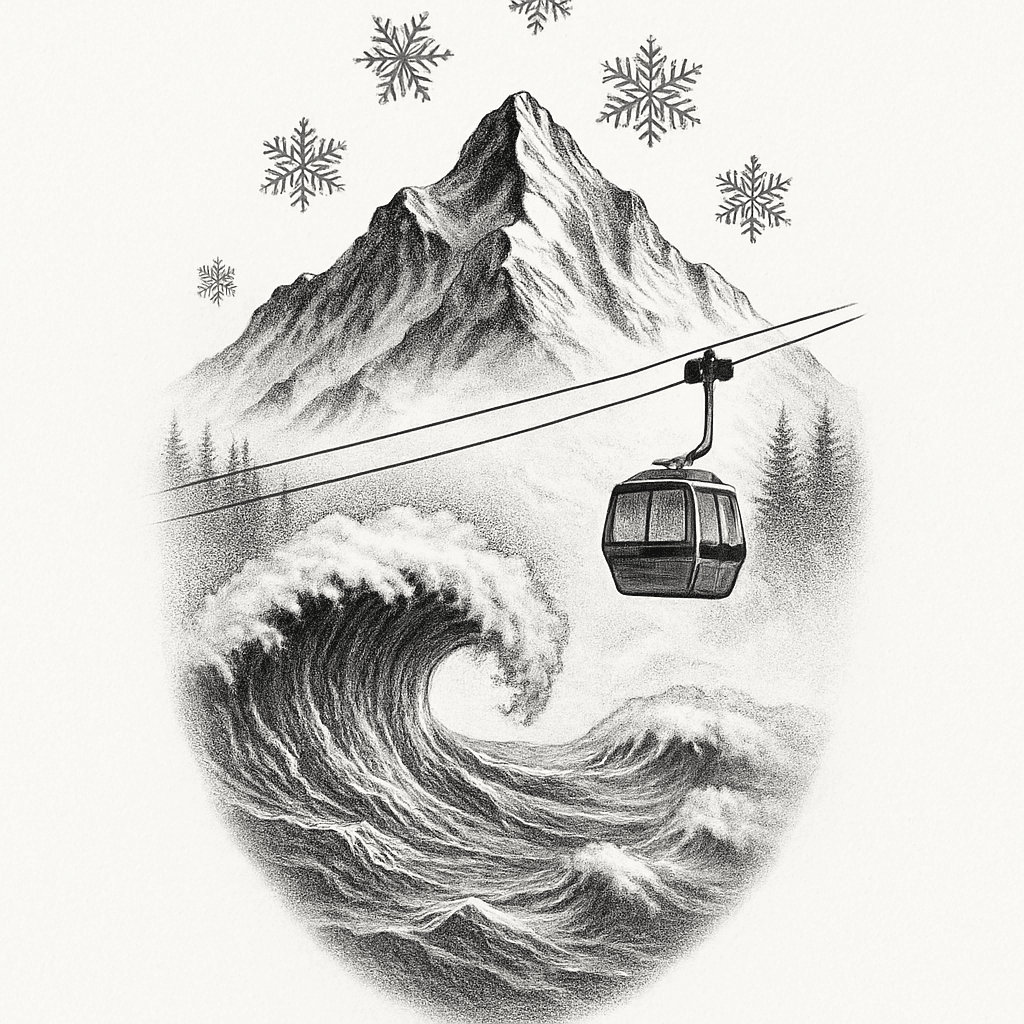 Mountain And Waves With Snowflakes And Chairlift
