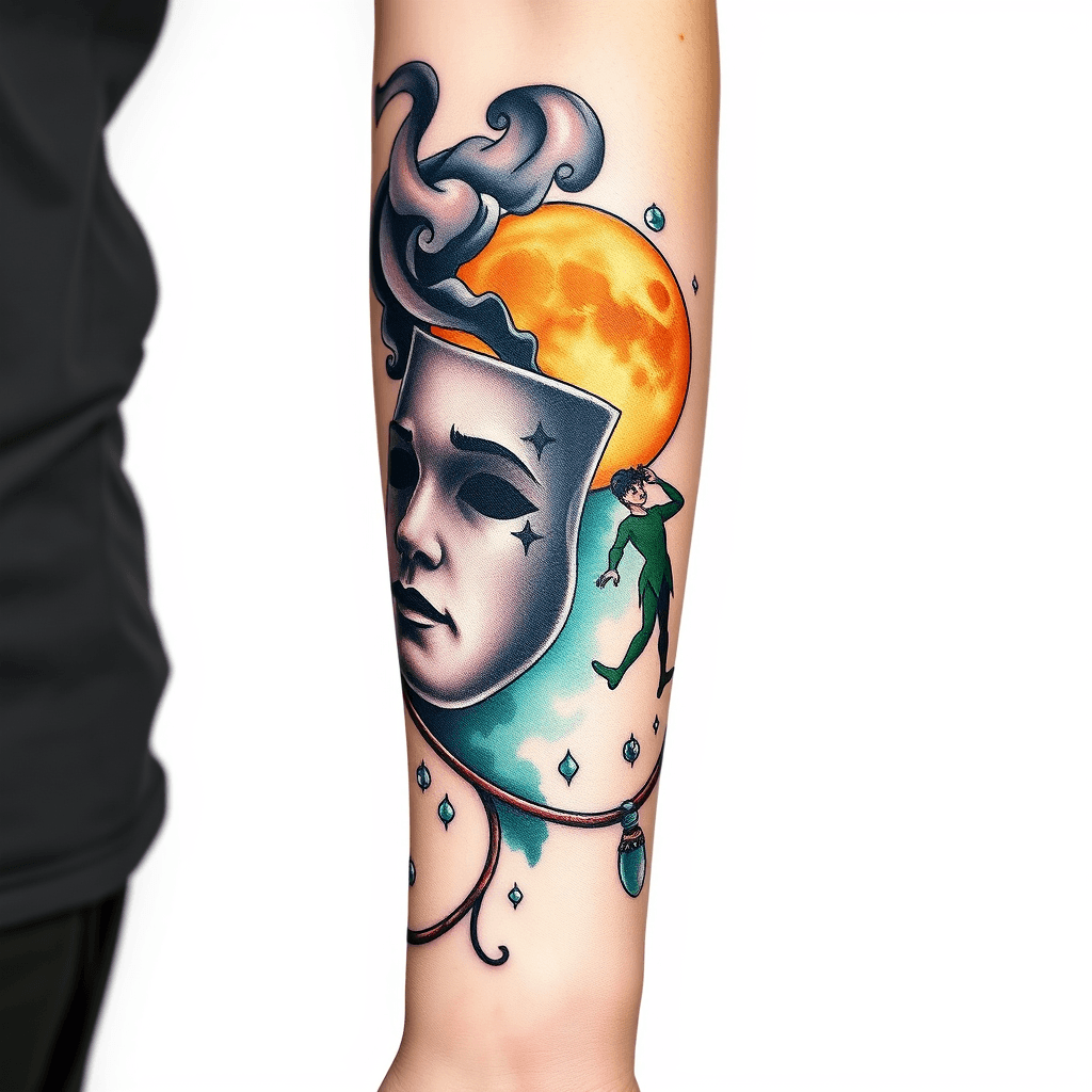 Forearm Tattoo Of Smoke Turning Into Theater Mask With A Full Moon And Peter Pan
