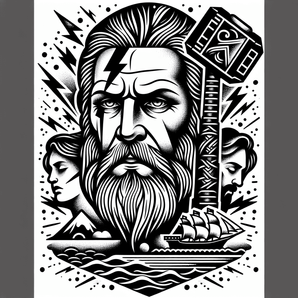 Gott Thor Mit Hammer, Blitze, Meer, Schiff Im Hintergrund