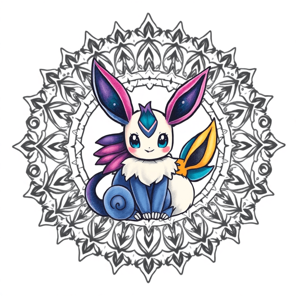 A Vibrant Tattoo Design Featuring A Detailed Mandala Background In Intricate Black And Gray Patterns. In The Foreground, A Protective Umbreon And Espeon Encircle A Cute, Fluffy Eevee, Showcasing Unity