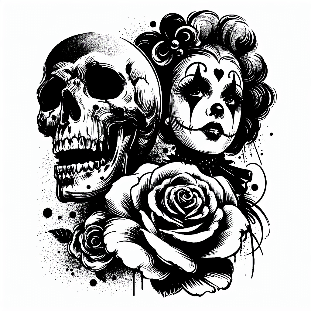 Skull With A Clown Girl And Rose