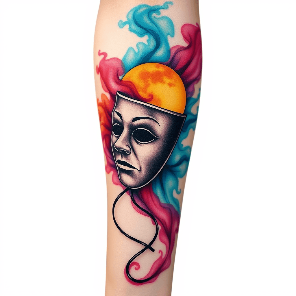 Back Of Forearm Tattoo Of Colored Smoke Surrounding A Theater Mask With A Full Moon And Peter Pan
