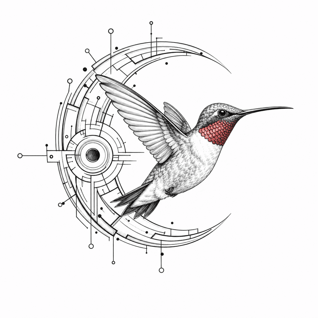A Ruby Throated Humming Bird Flying From An Alien Cybersigil Crescent